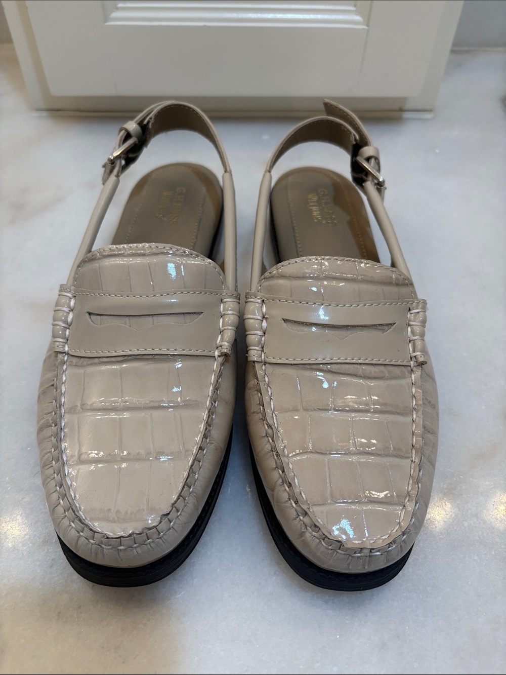 New, grey/beige sling back loafers